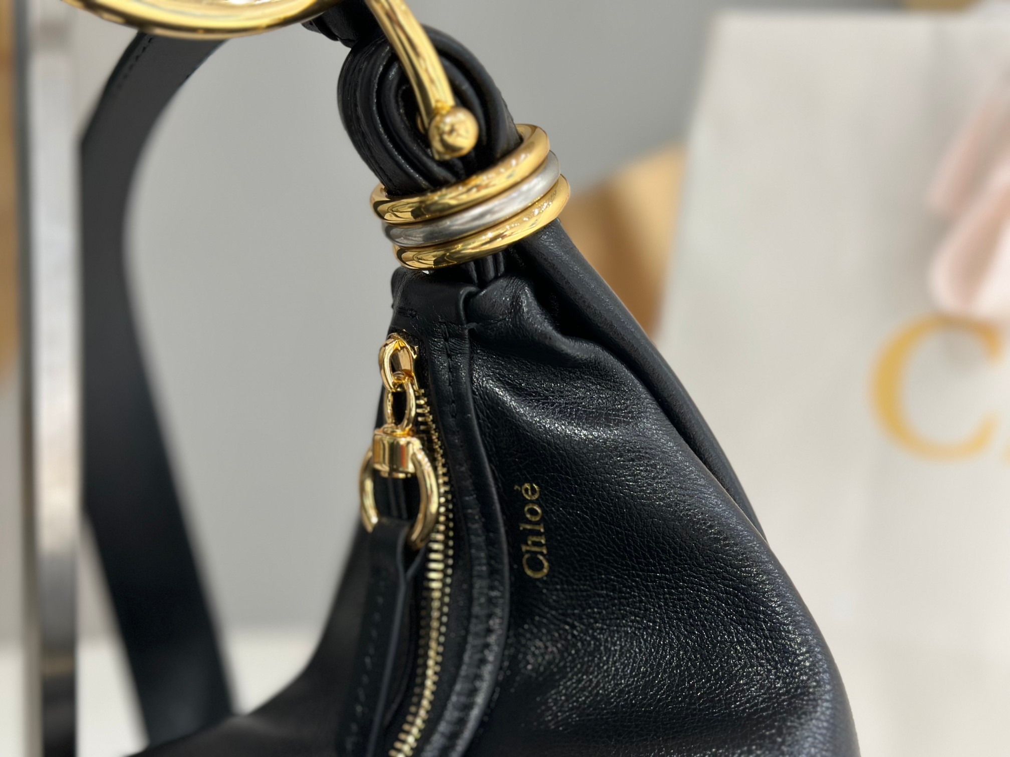 Chloe Small Bracelet Hobo Bag In Black Grained Leather